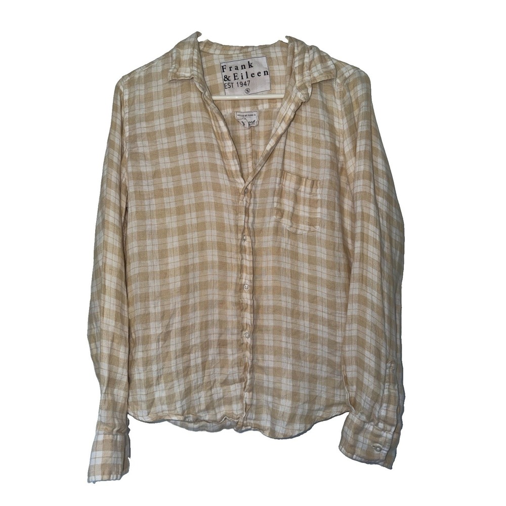 Frank & Eileen Barry Linen Plaid Button Shirt Small Beige Italian Made Women